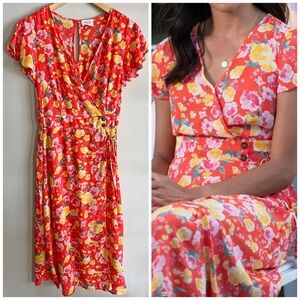 Sienna Sky Faux Wrap Floral Dress Red Yellow Midi Cottagecore Boho L
